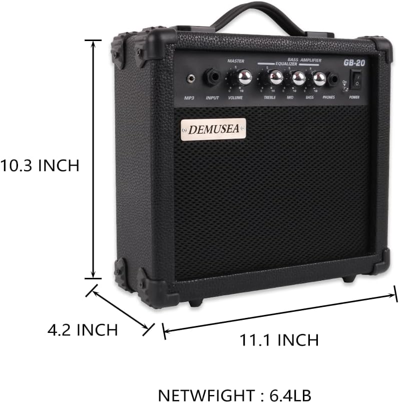 demusea Electric bass Amplifier 20w bass amp Black Color Treble Middle bass and mp3 Portable Size with noiseness Cable Picks 6.5''into3.5'' Adapter Easy for Travel Practice for Beginner Starter (Blck) - Image 2